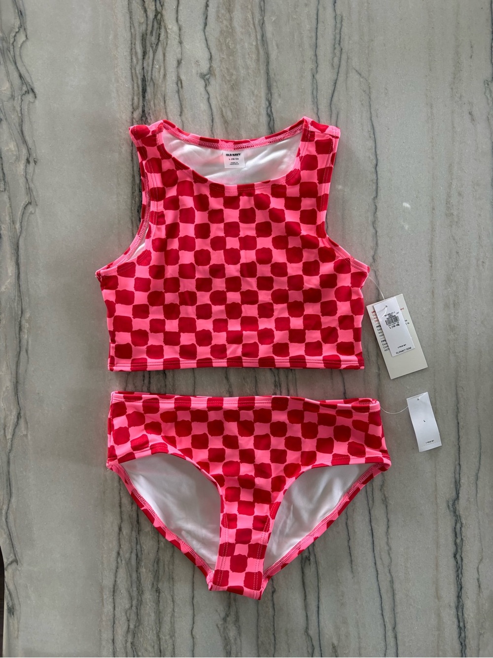 Old Navy Pink Checkerboard Tank-Style Girls' Two-Piece Swim Set